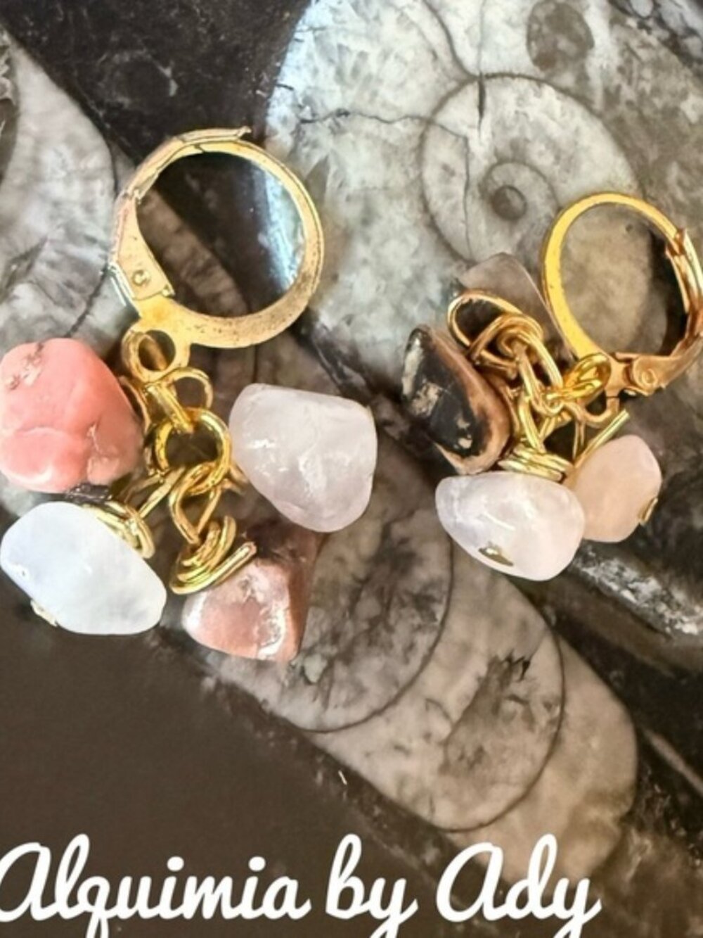 Rhodonite Gold Hoop Earrings with Pink and White Gemstone Charms
